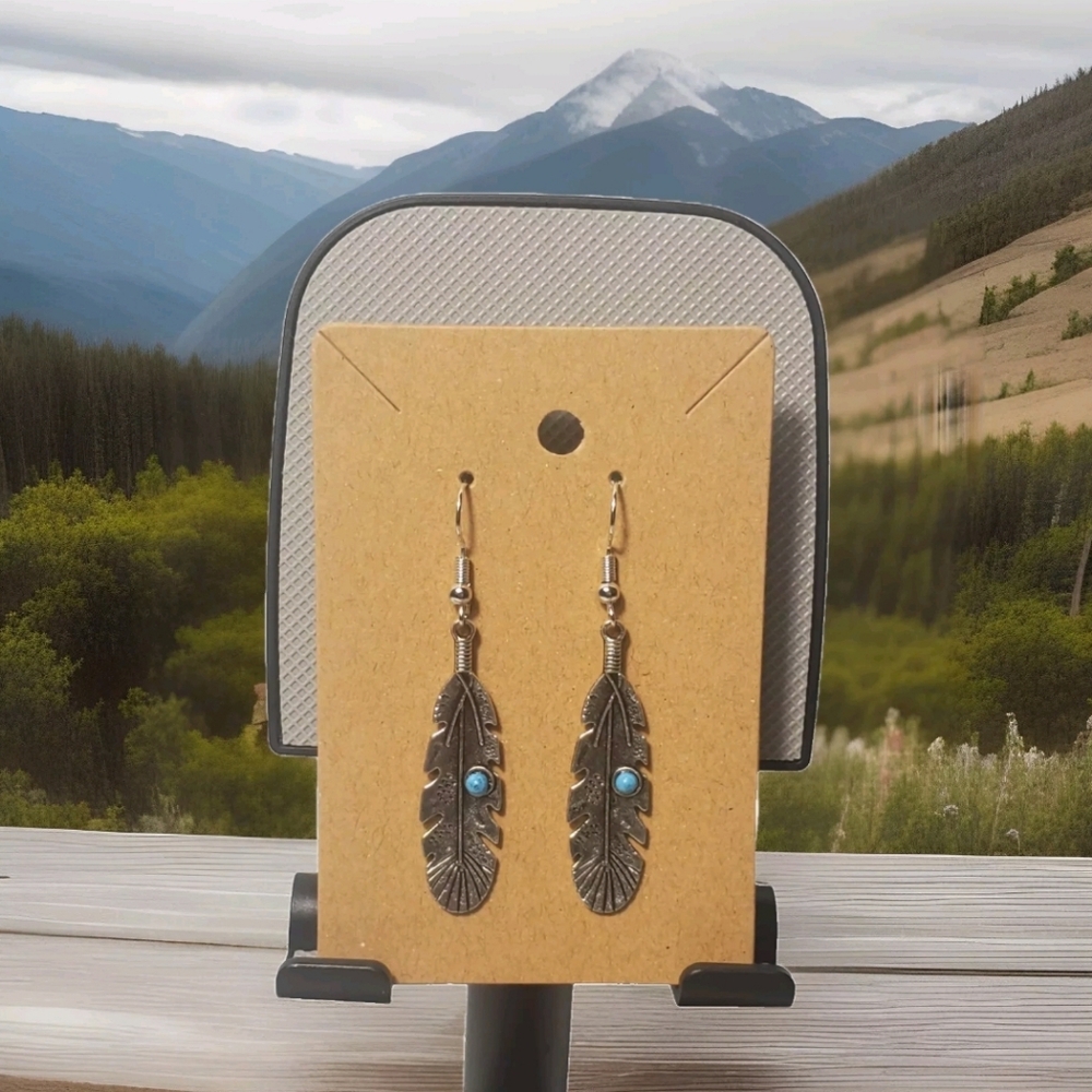 Handmade Silver Turquoise Feather Dangle Silver Accent Earrings